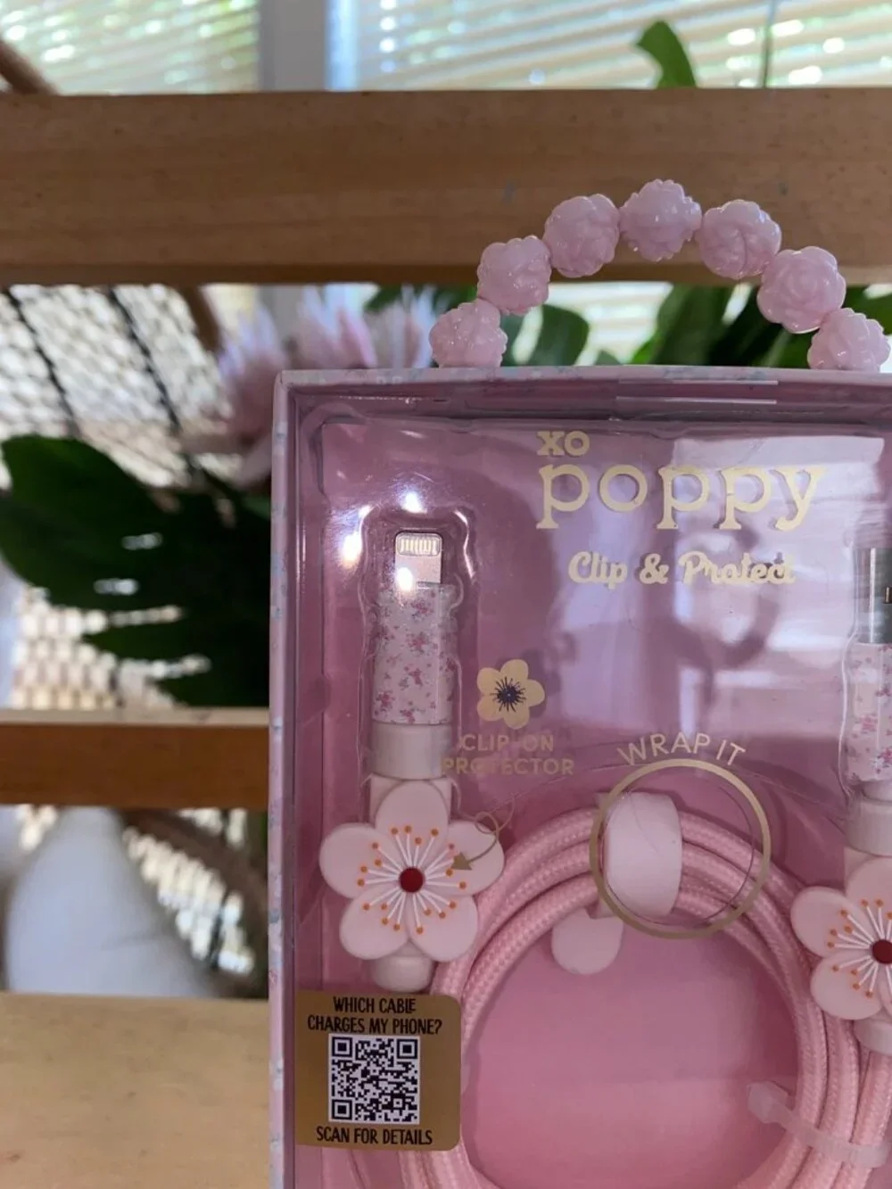 the XO Poppy Pink Flower USB-A to Lightning Cable IPhone Charger